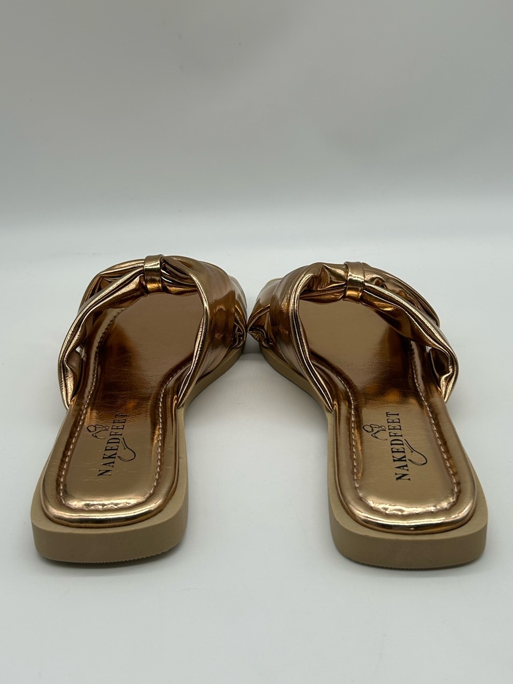 Naked Feet Goa Bronze Metallic Bow Slip On Sandals Vegan Size 7 NWB - Picture 7 of 11